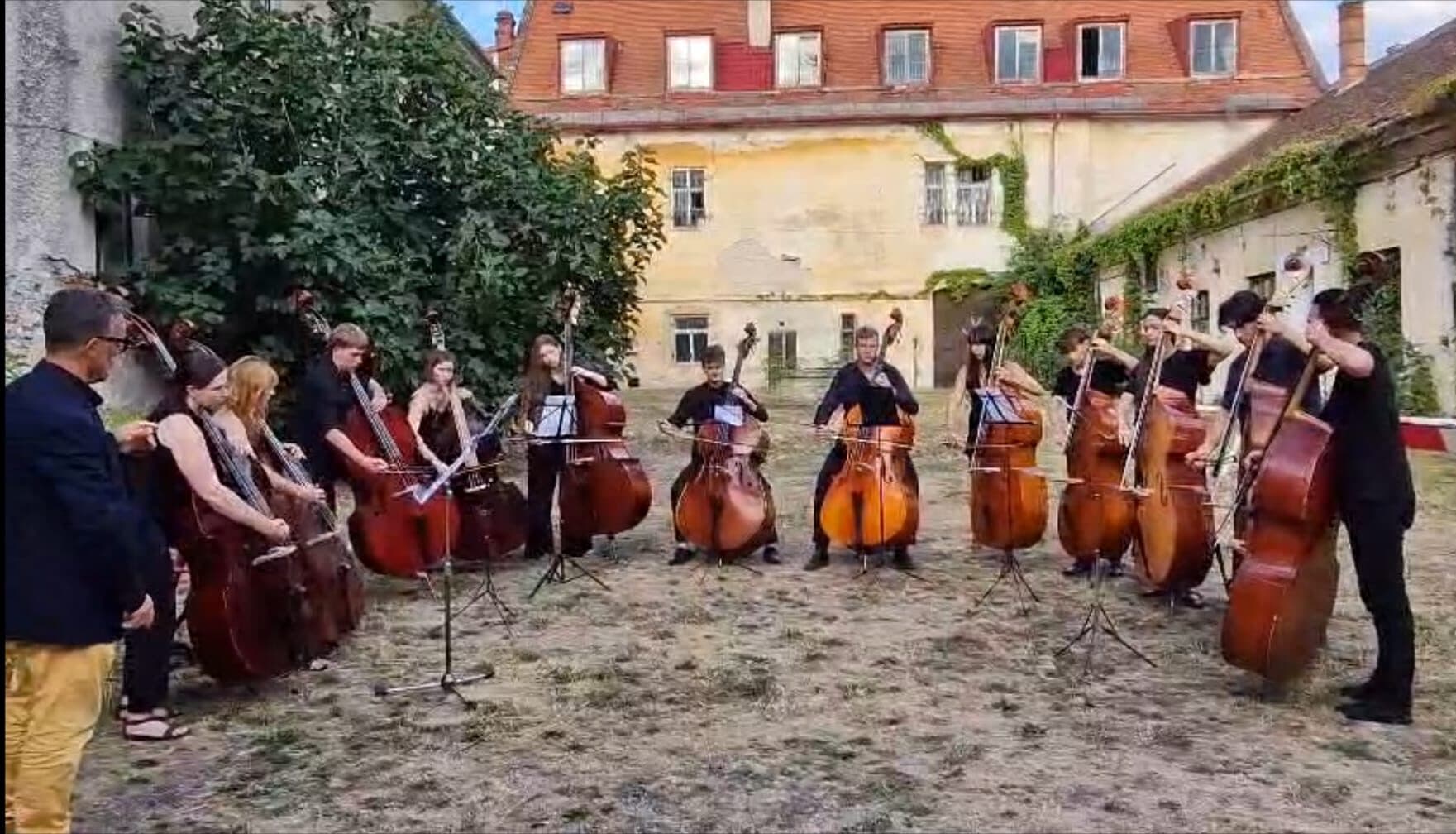 Double bass players in the courtyard